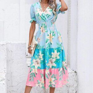 Multicolor Boho Womens Floral Print Puff Sleeve Ruffle Hem Dress